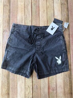 PLAYBOY Men's Washed Black Logo Swim Shorts